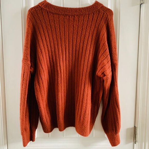 SO Womens Orange Cozy Fuzzy Ribbed Knit Oversized Crewneck Sweater | Medium - Picture 7 of 7